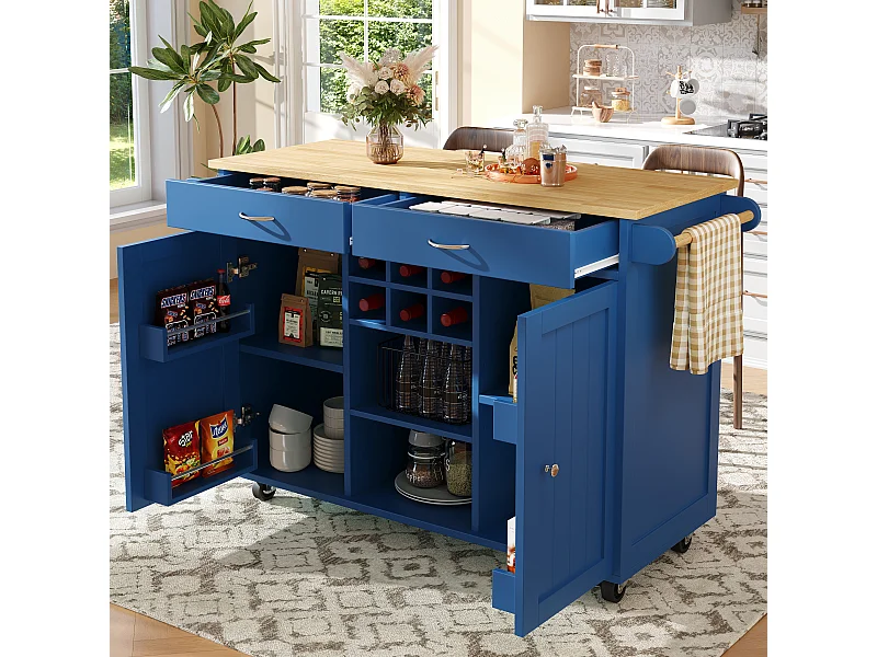Ilot central de cuisine mobile avec 2 portes et 2 tiroirs - 102x45x92 cm - Bois MDF - Bleu et naturel