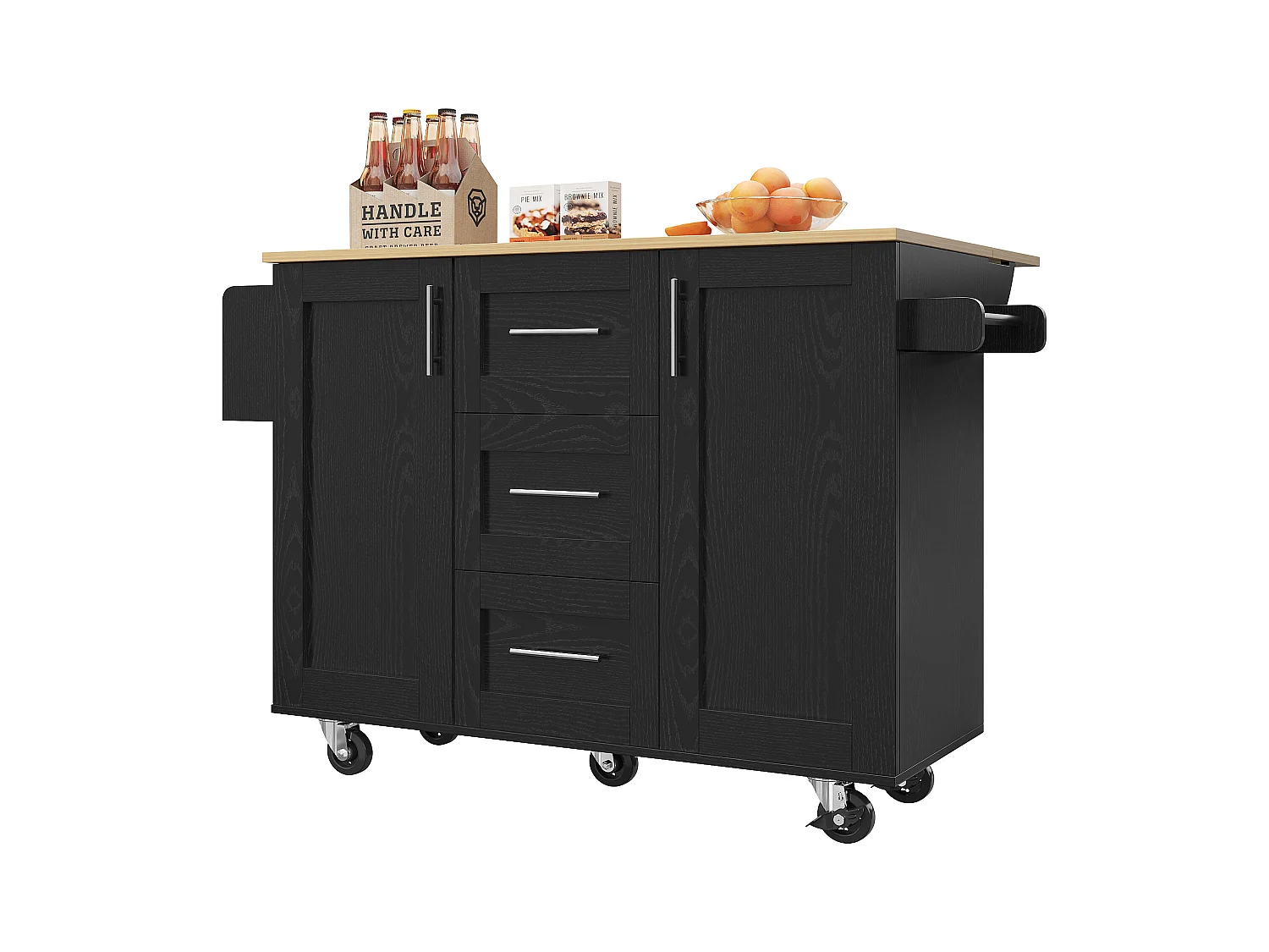 Ilot central de cuisine - chariot à roulette avec plateau extensible - 3 tiroirs et 2 portes - Noir