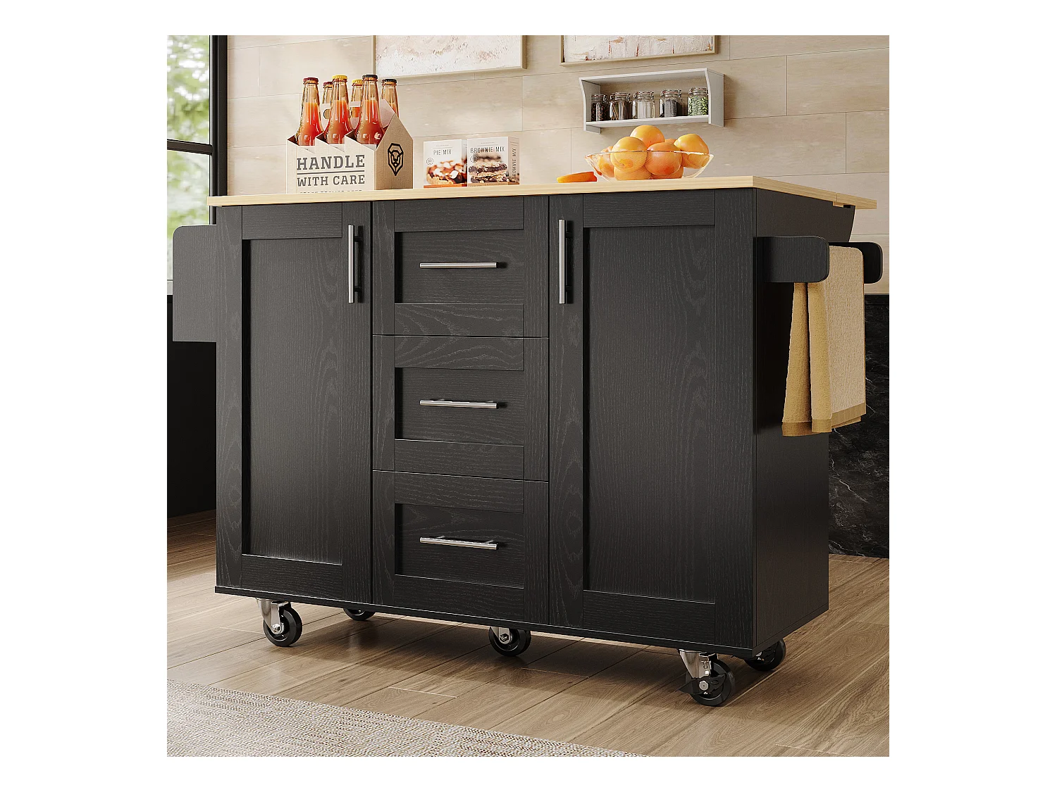 Ilot central de cuisine - chariot à roulette avec plateau extensible - 3 tiroirs et 2 portes - Noir