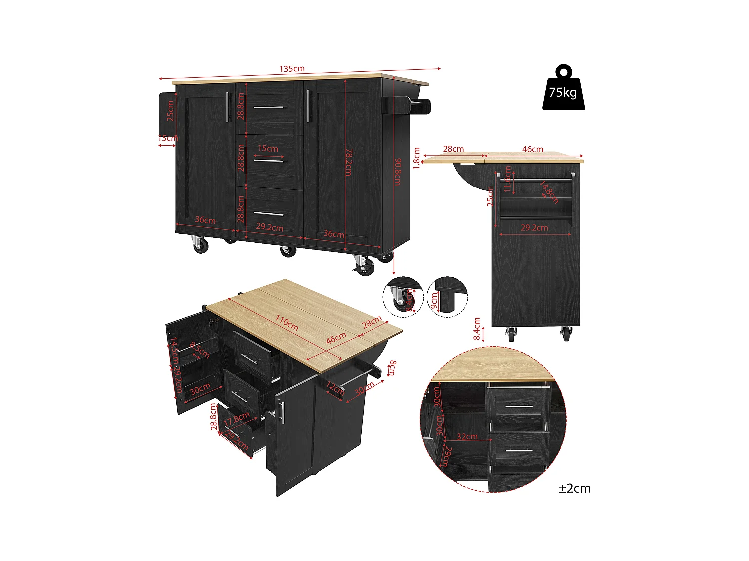 Ilot central de cuisine - chariot à roulette avec plateau extensible - 3 tiroirs et 2 portes - Noir
