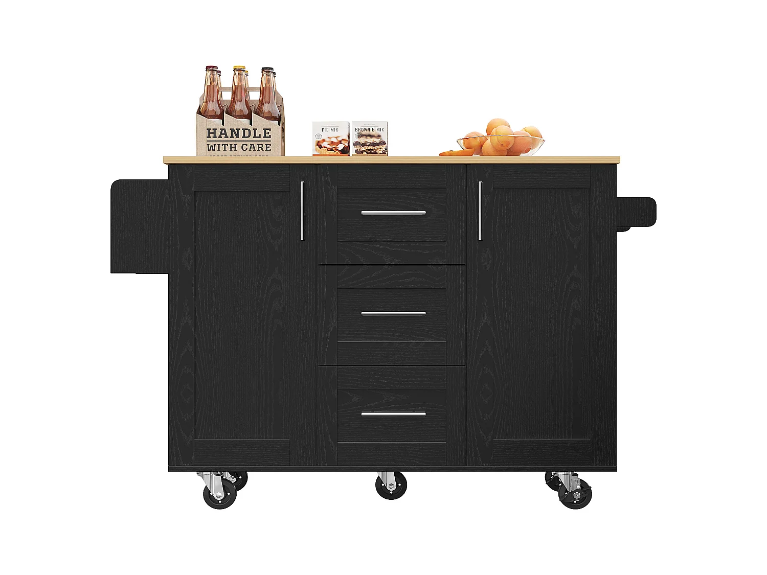 Ilot central de cuisine - chariot à roulette avec plateau extensible - 3 tiroirs et 2 portes - Noir