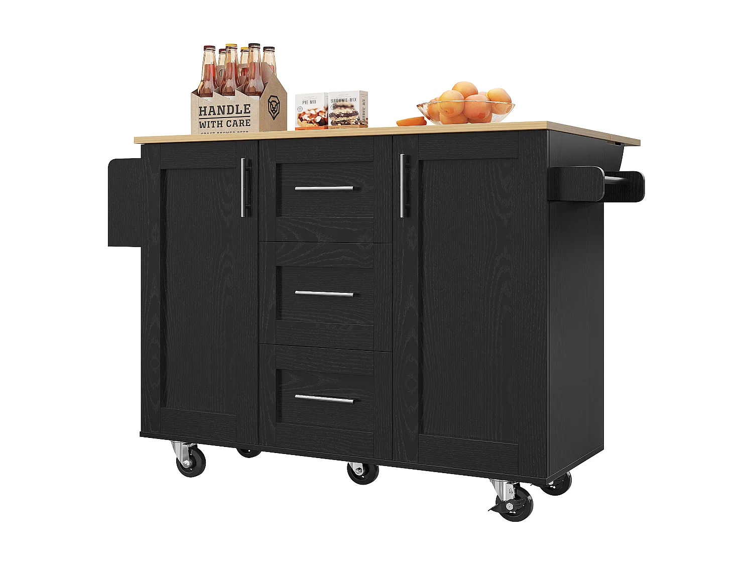 Centrale keukeneiland - Rollwagentje met uitklapbaar bord - 3 lades en 2 deuren - Zwart
