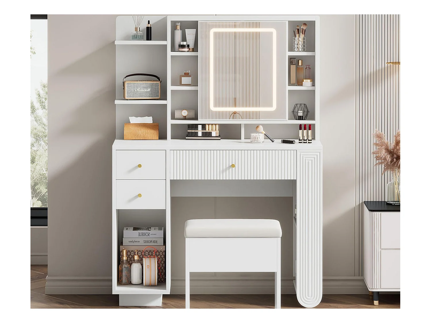 Schminktisch mit Spiegel 100×40×138 cm - mit Hocker - mit LED-Beleuchtung - mit einstellbarer Helligkeit - mit 3 Schubladen - mit offenen Regalen - weiß