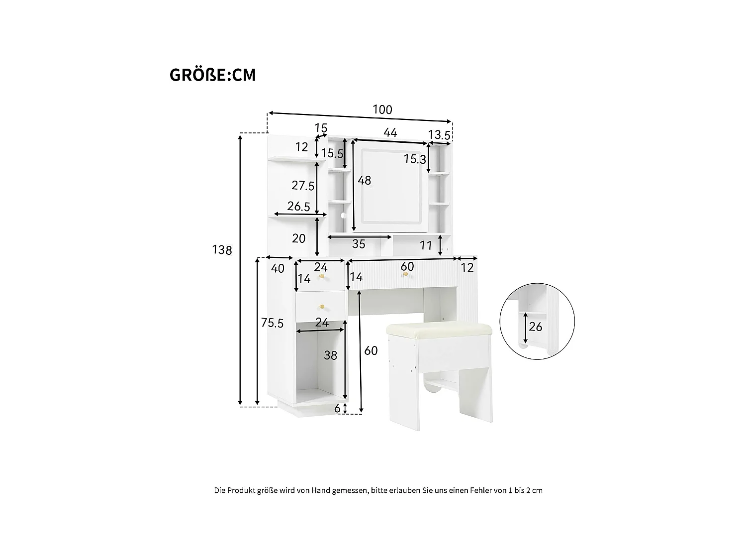 Schminktisch mit Spiegel 100×40×138 cm - mit Hocker - mit LED-Beleuchtung - mit einstellbarer Helligkeit - mit 3 Schubladen - mit offenen Regalen - weiß