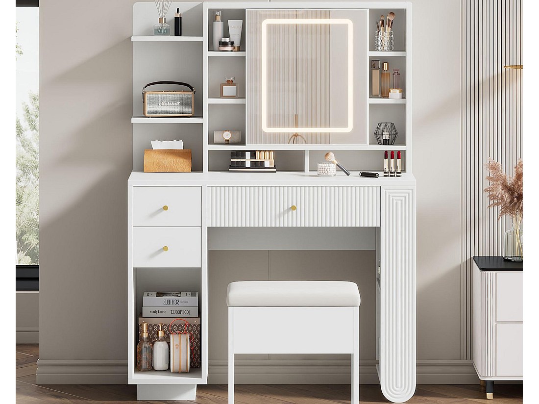Coiffeuse Avec Miroir LED Et Rangement – 4 Tiroirs, étagères, Blanc Moderne 80x40x137 Cm