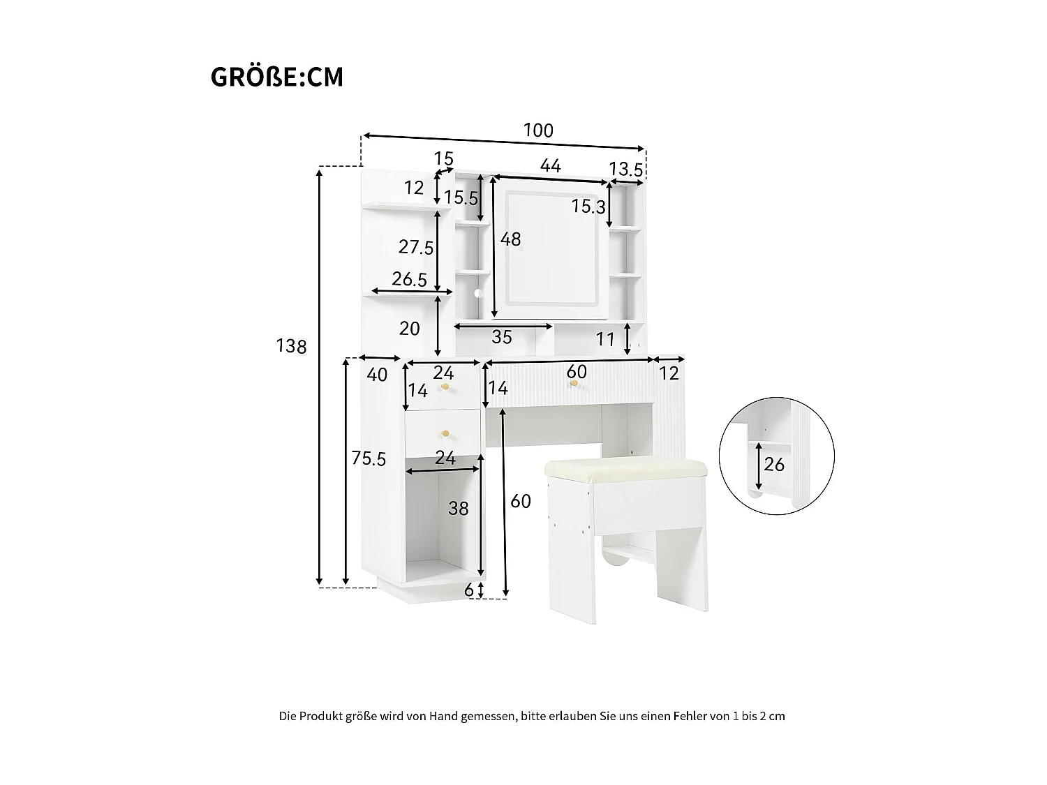 Coiffeuse avec miroir 100×40×138 cm - avec tabouret - avec éclairage LED - avec luminosité réglable - avec 3 tiroirs - avec étagères ouvertes - blanc