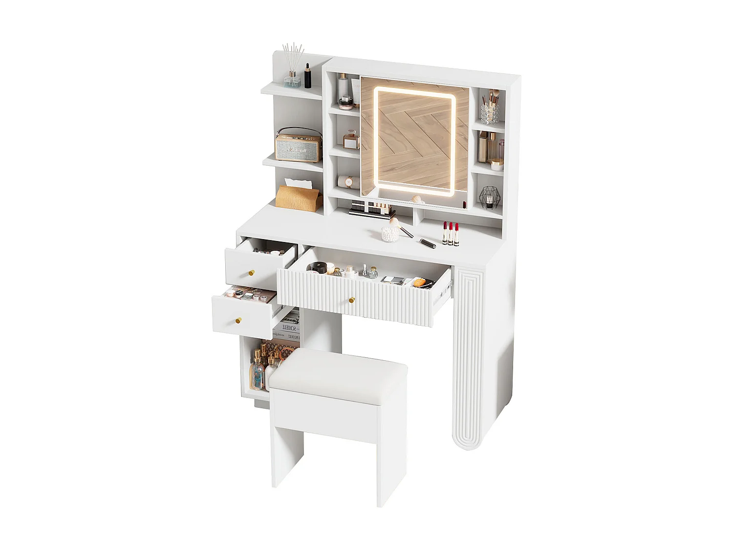 Coiffeuse avec miroir 100×40×138 cm - avec tabouret - avec éclairage LED - avec luminosité réglable - avec 3 tiroirs - avec étagères ouvertes - blanc