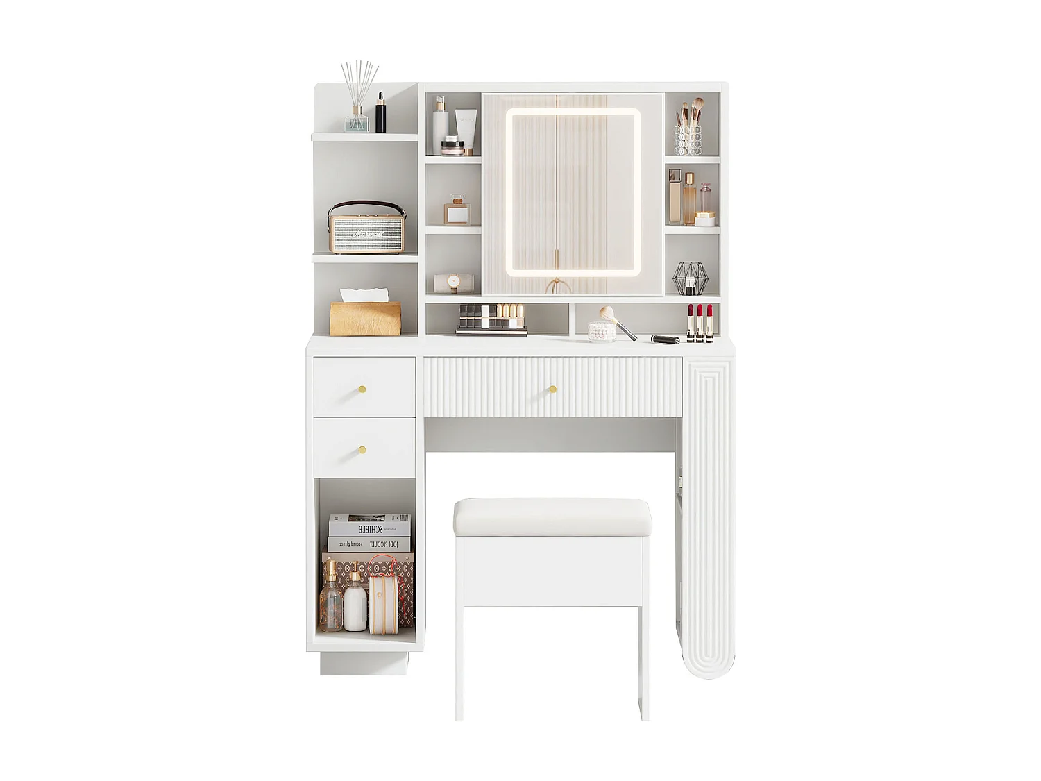 Coiffeuse avec miroir 100×40×138 cm - avec tabouret - avec éclairage LED - avec luminosité réglable - avec 3 tiroirs - avec étagères ouvertes - blanc