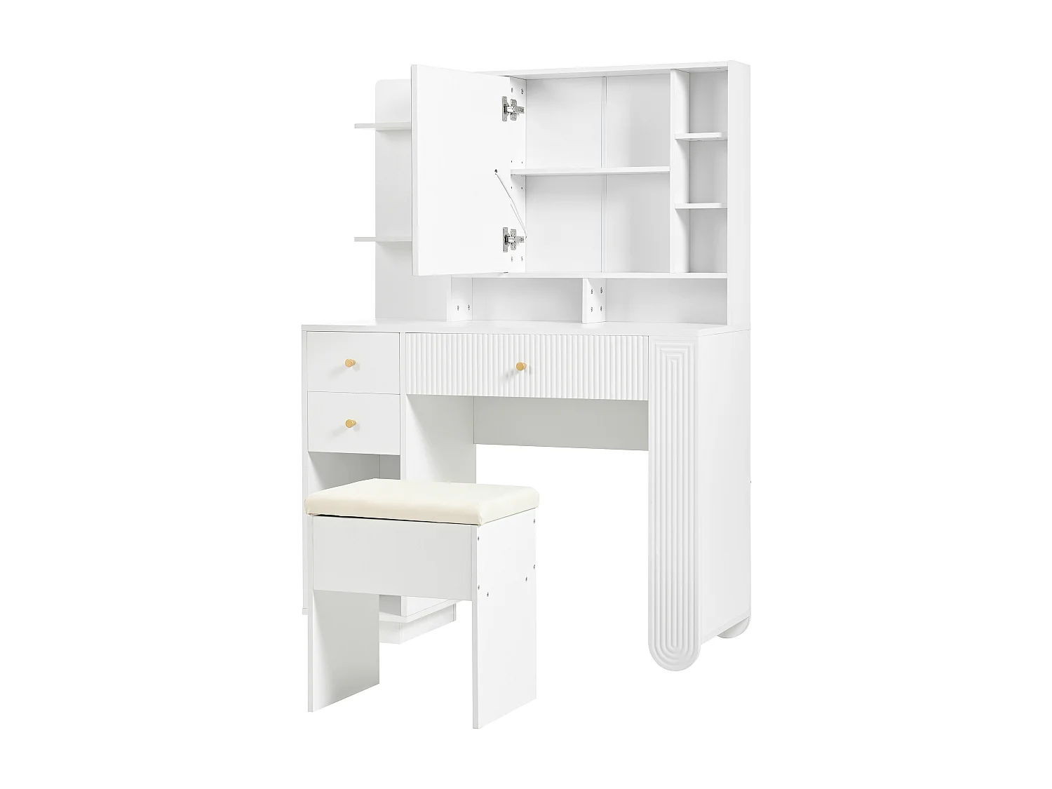 Coiffeuse avec miroir 100×40×138 cm - avec tabouret - avec éclairage LED - avec luminosité réglable - avec 3 tiroirs - avec étagères ouvertes - blanc