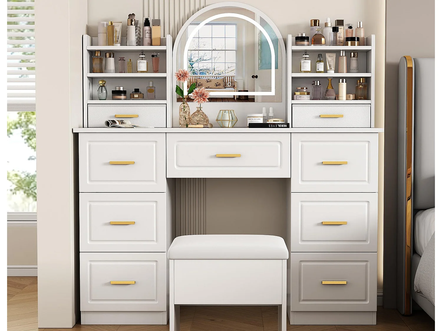 Coiffeuse avec miroir 120x40x135 cm - avec éclairage LED - avec 9 tiroirs - blanc