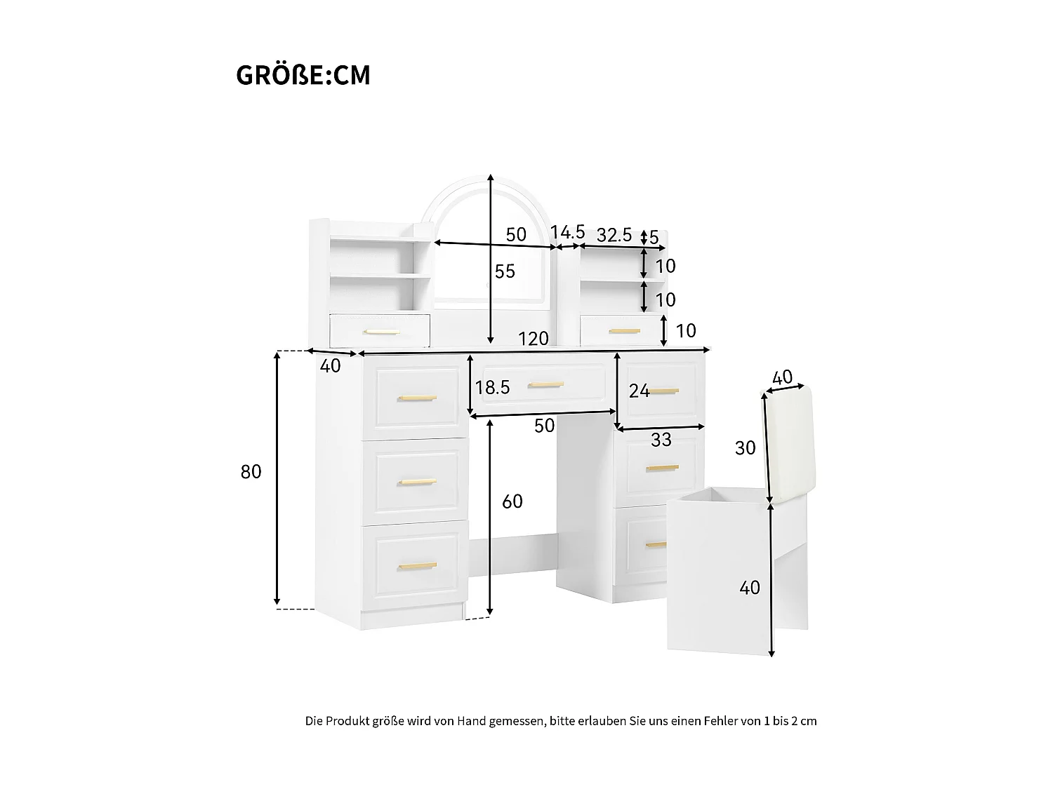 Coiffeuse avec miroir 120x40x135 cm - avec éclairage LED - avec 9 tiroirs - blanc