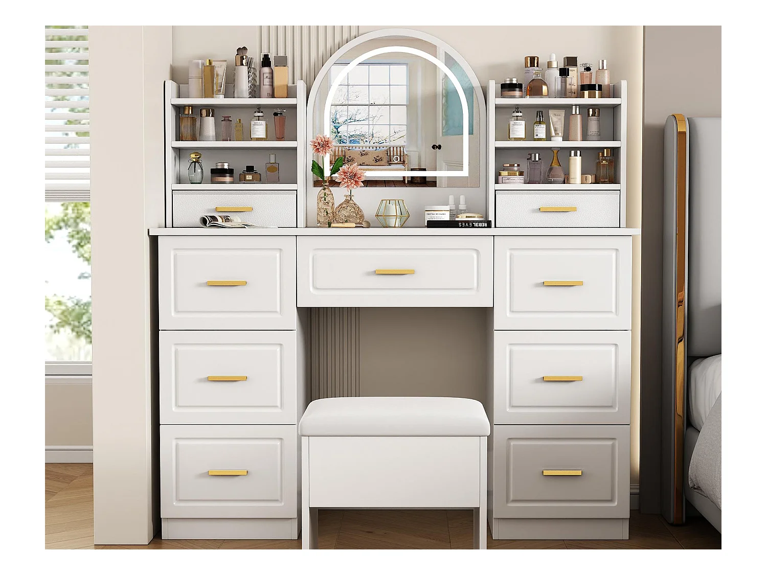 Coiffeuse avec miroir 120x40x135 cm - avec éclairage LED - avec 9 tiroirs - blanc