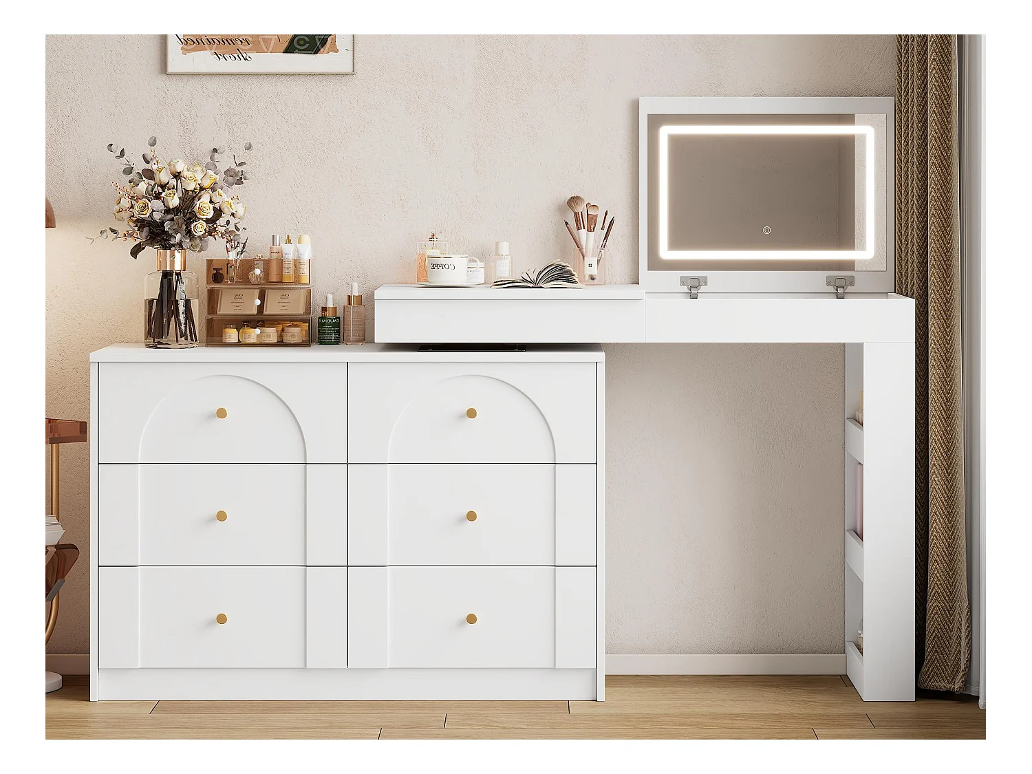 Coiffeuse avec éclairage LED 105x40x80 cm - avec 7 tiroirs - avec compartiments de rangement - blanc