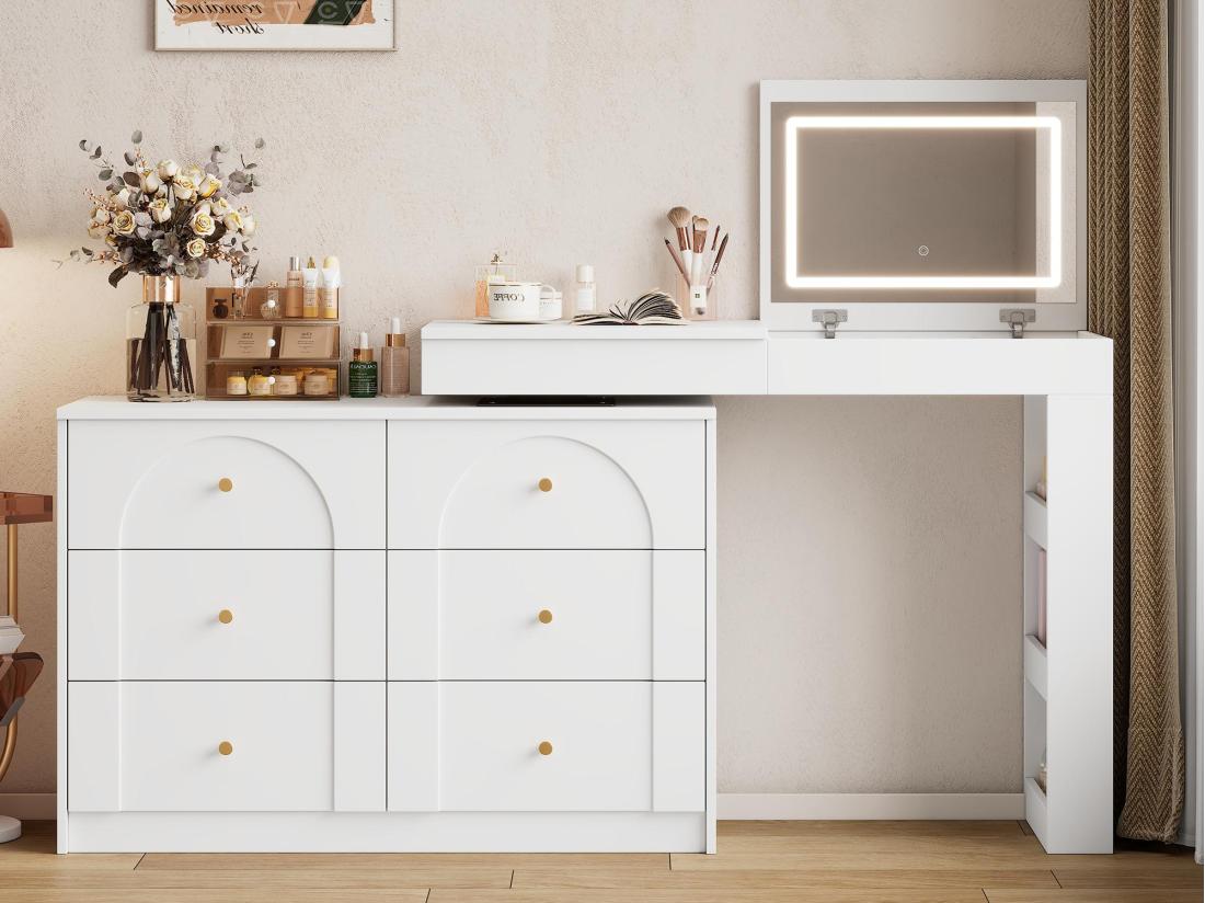 vente unique Coiffeuse avec éclairage LED 105x40x80 cm - avec 7 tiroirs - avec compartiments de rangement - blanc