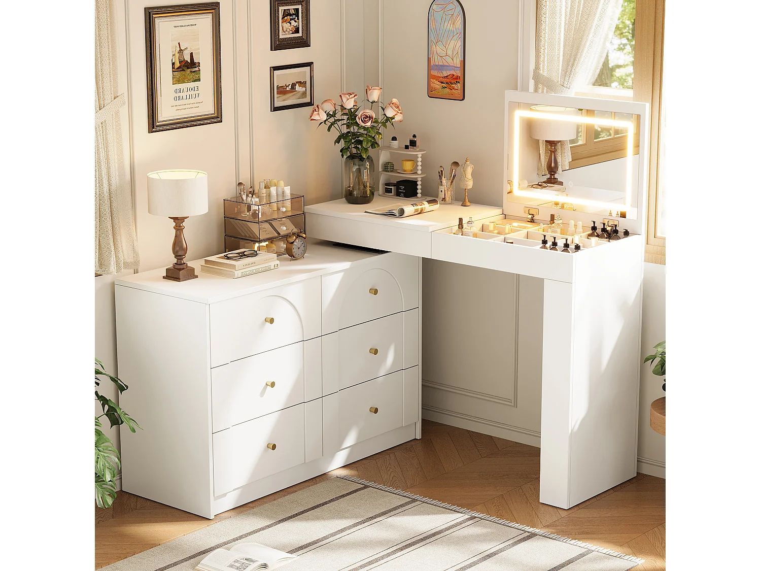 Dressing table with LED lighting 105x40x80 cm - with 7 drawers - with storage compartments - white
