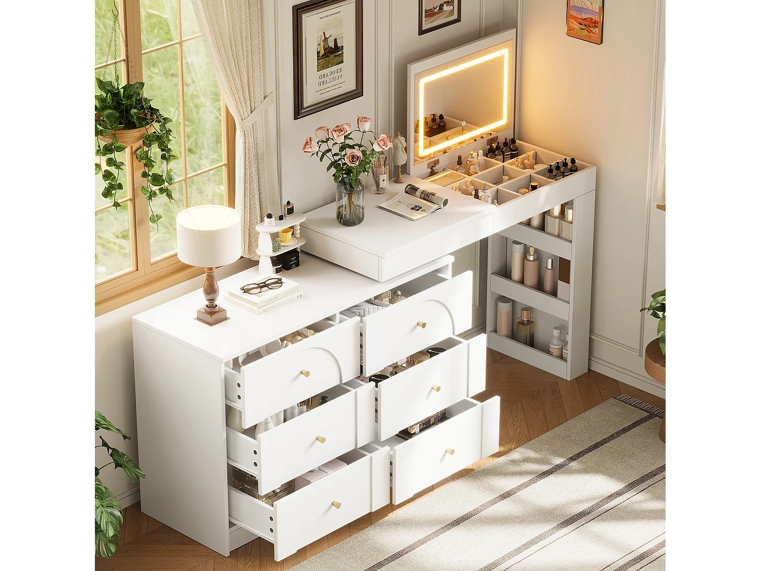 Dressing table with LED lighting 105x40x80 cm - with 7 drawers - with storage compartments - white