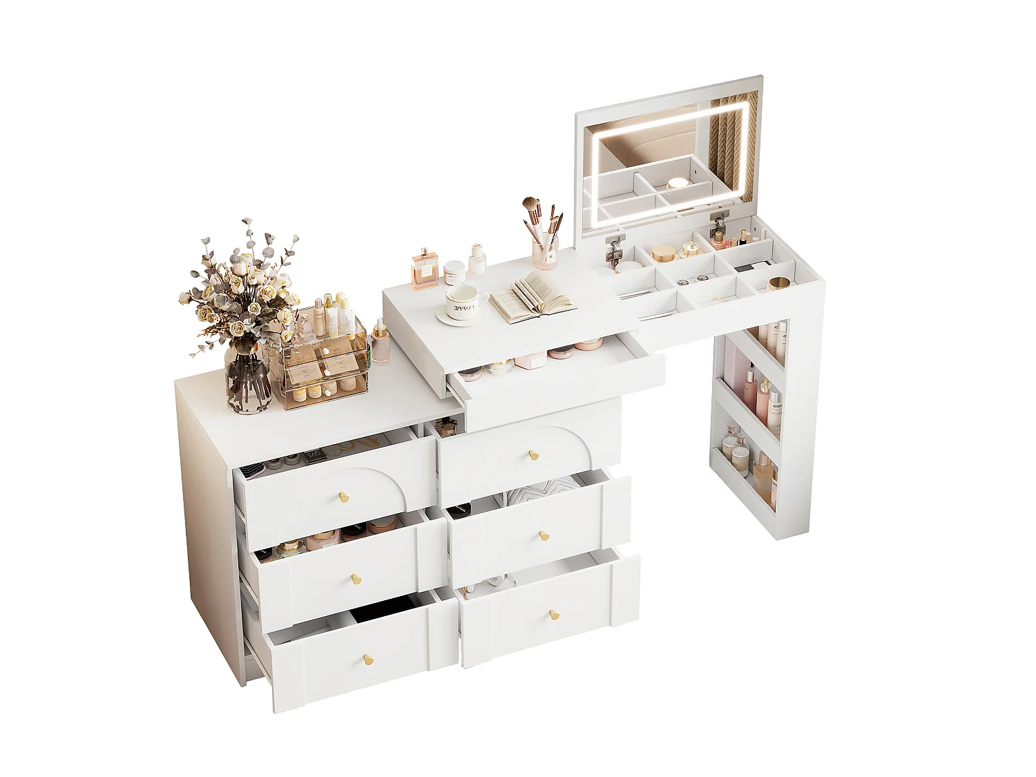 Dressing table with LED lighting 105x40x80 cm - with 7 drawers - with storage compartments - white