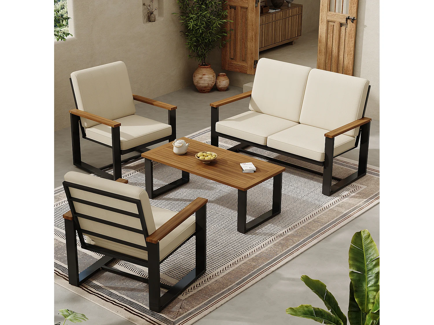 Conjunto de jardim em aço 4 lugares - sofá - 2 poltronas e mesa de centro - em aço galvanizado - Madeira de acácia - Bege