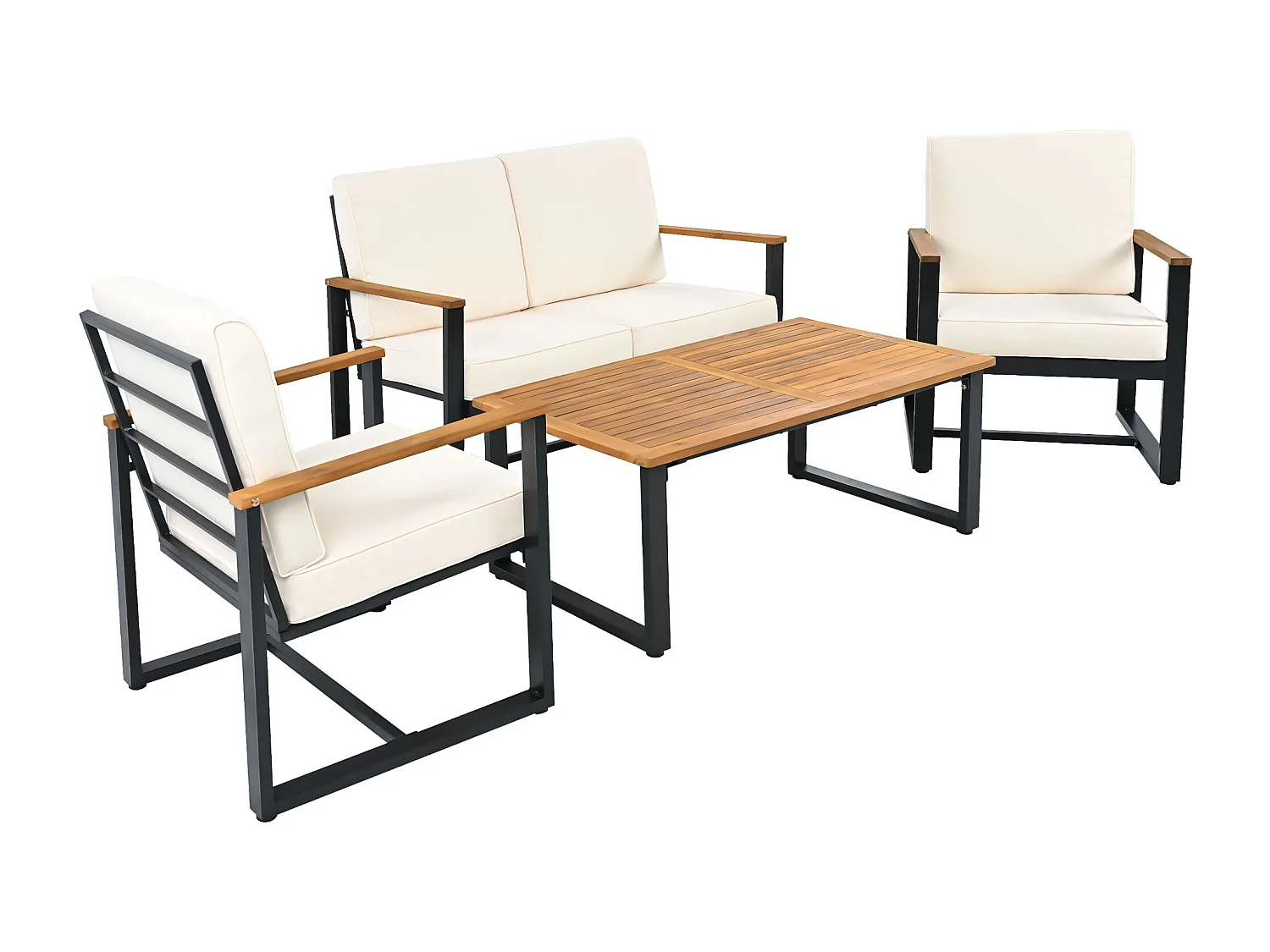 Juego de jardín de acero 4 plazas - sofá - 2 sillones y mesa baja - en acero galvanizado - Madera de acacia - Beige