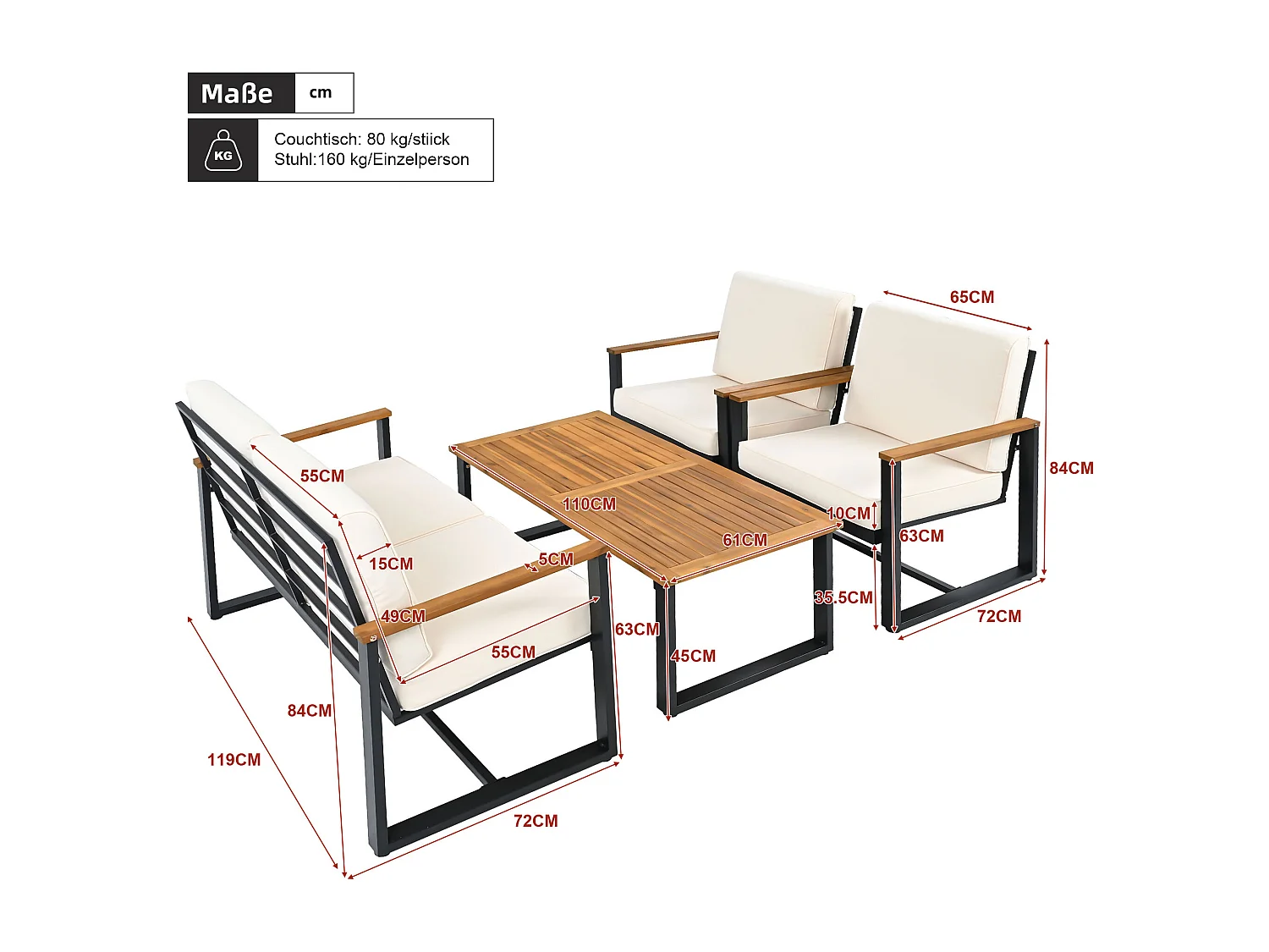 Juego de jardín de acero 4 plazas - sofá - 2 sillones y mesa baja - en acero galvanizado - Madera de acacia - Beige