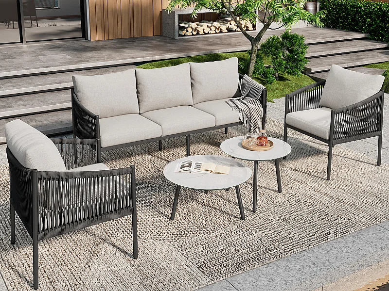 Salon de jardin, ensemble de meubles de jardin, canapé 3 places, 2 fauteuils et 2 tables basses, extérieur, acier galvanisé, gris