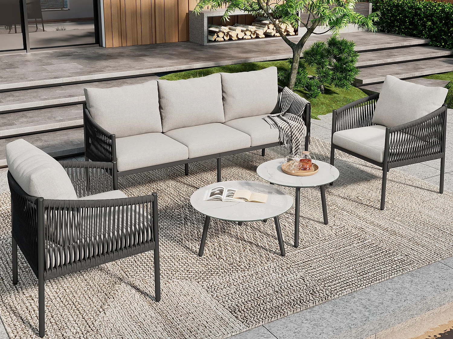 Salon de jardin, ensemble de meubles de jardin, canapé 3 places, 2 fauteuils et 2 tables basses, extérieur, acier galvanisé, gris