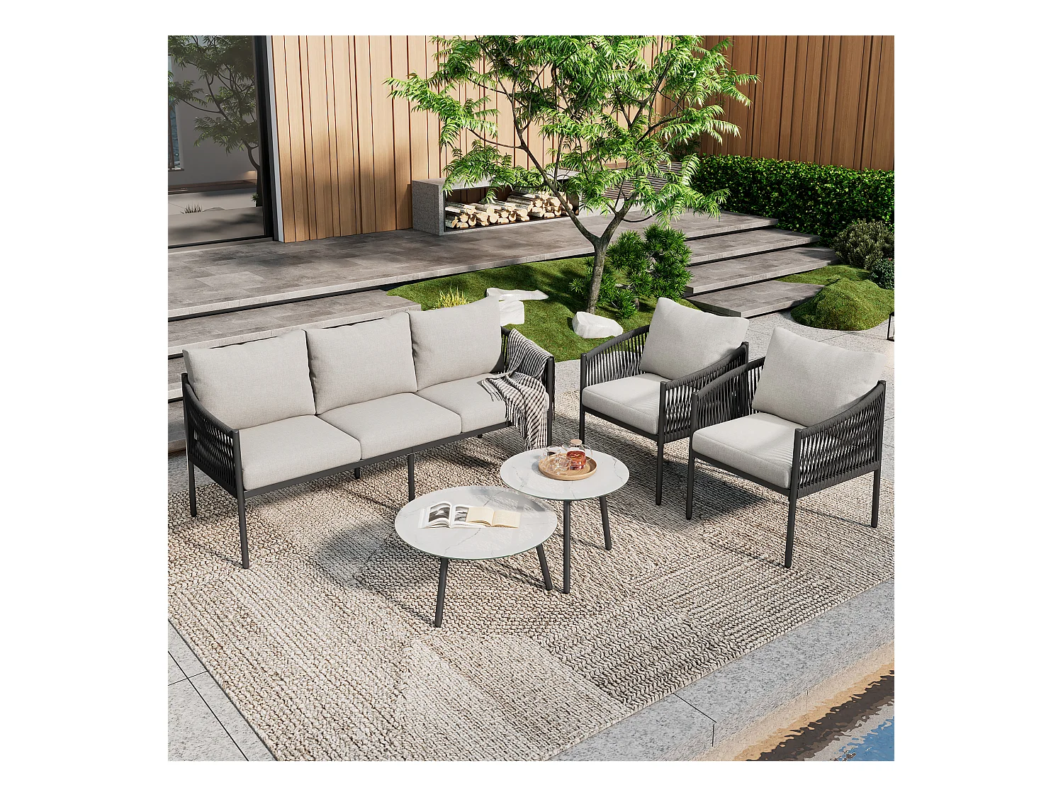 Salon de jardin, ensemble de meubles de jardin, canapé 3 places, 2 fauteuils et 2 tables basses, extérieur, acier galvanisé, gris