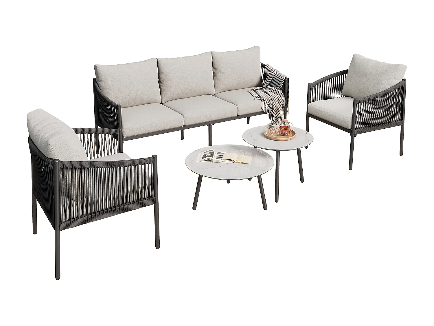 Salon de jardin, ensemble de meubles de jardin, canapé 3 places, 2 fauteuils et 2 tables basses, extérieur, acier galvanisé, gris