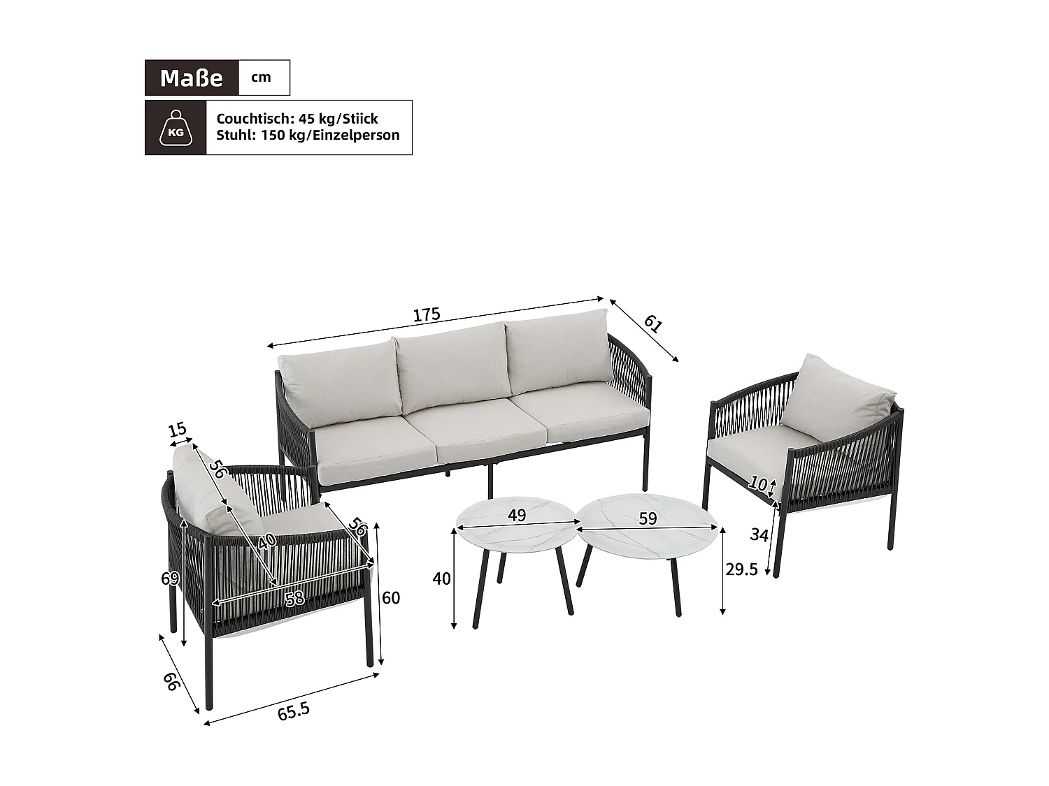 Salon de jardin, ensemble de meubles de jardin, canapé 3 places, 2 fauteuils et 2 tables basses, extérieur, acier galvanisé, gris