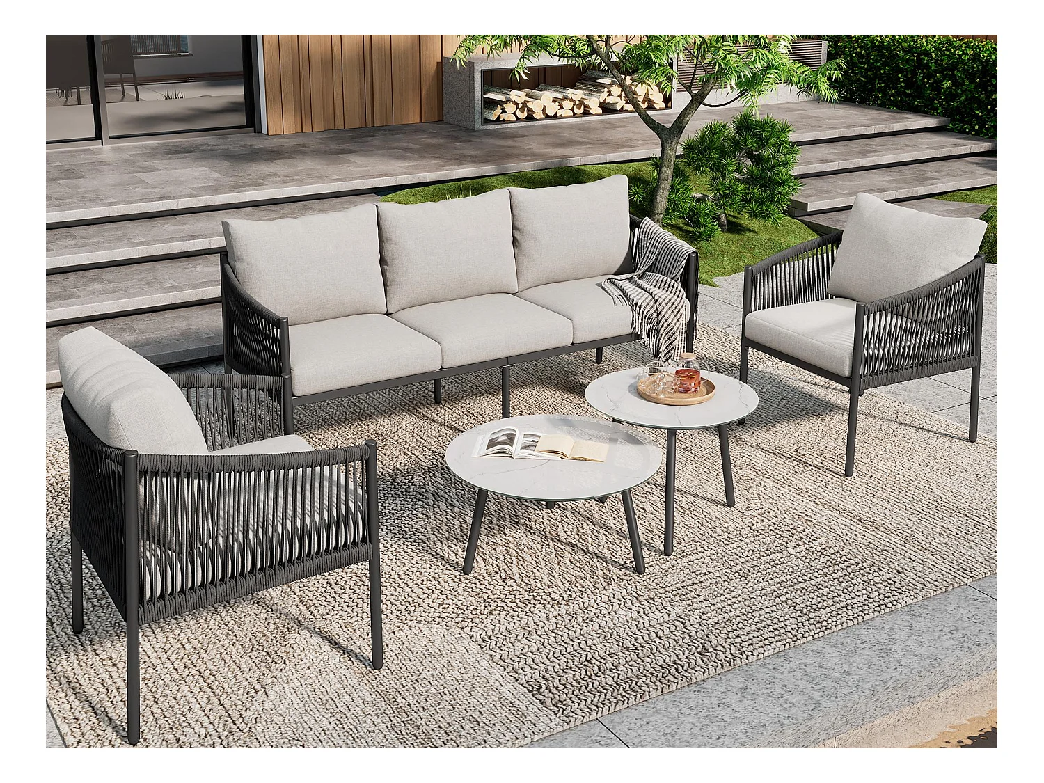 Salon de jardin, ensemble de meubles de jardin, canapé 3 places, 2 fauteuils et 2 tables basses, extérieur, acier galvanisé, gris