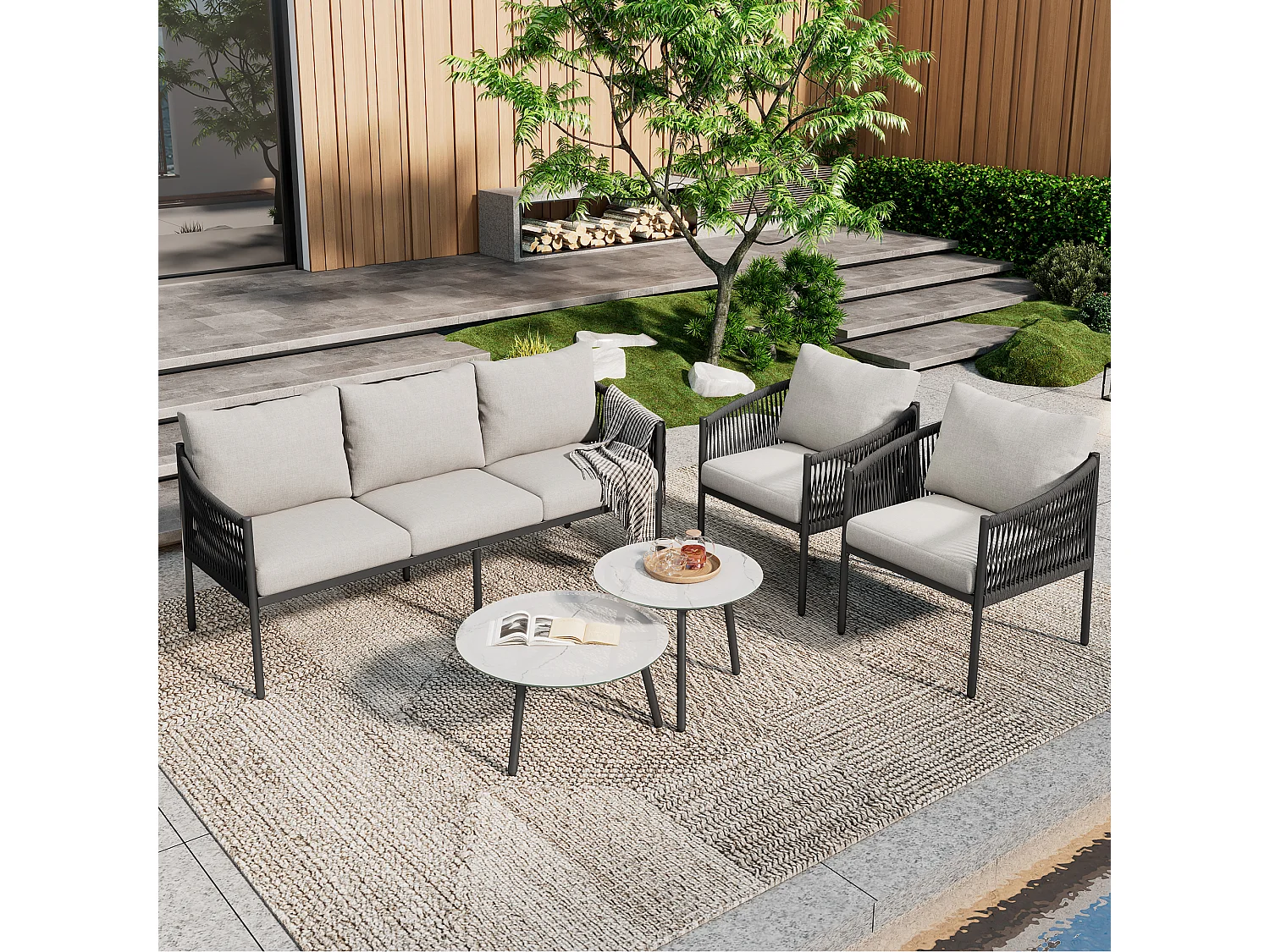 Zestaw mebli ogrodowych, sofa 3-osobowa, 2 fotele i 2 stoliki kawowe, na zewnątrz, stal ocynkowana, szary