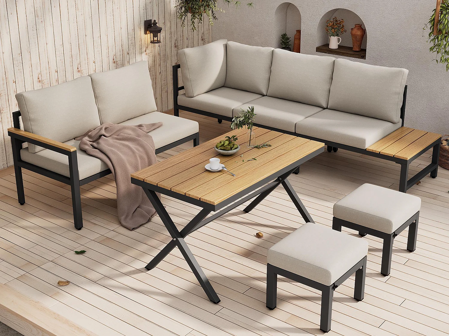 Zestaw mebli ogrodowych 7-osobowy - z lekkiej stali ocynkowanej - 2 sofy - z stołem jadalnym - 2 taborety - Beżowy