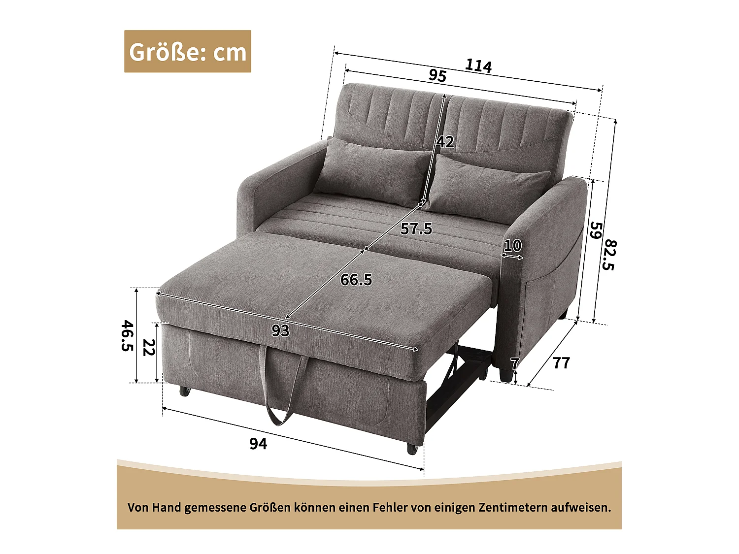 Doppel-Schlafsofa 114 x 77 x 82.5 cm - 3-fach verstellbare Rückenlehne - Baumwoll-Leinen-Stoff - grau