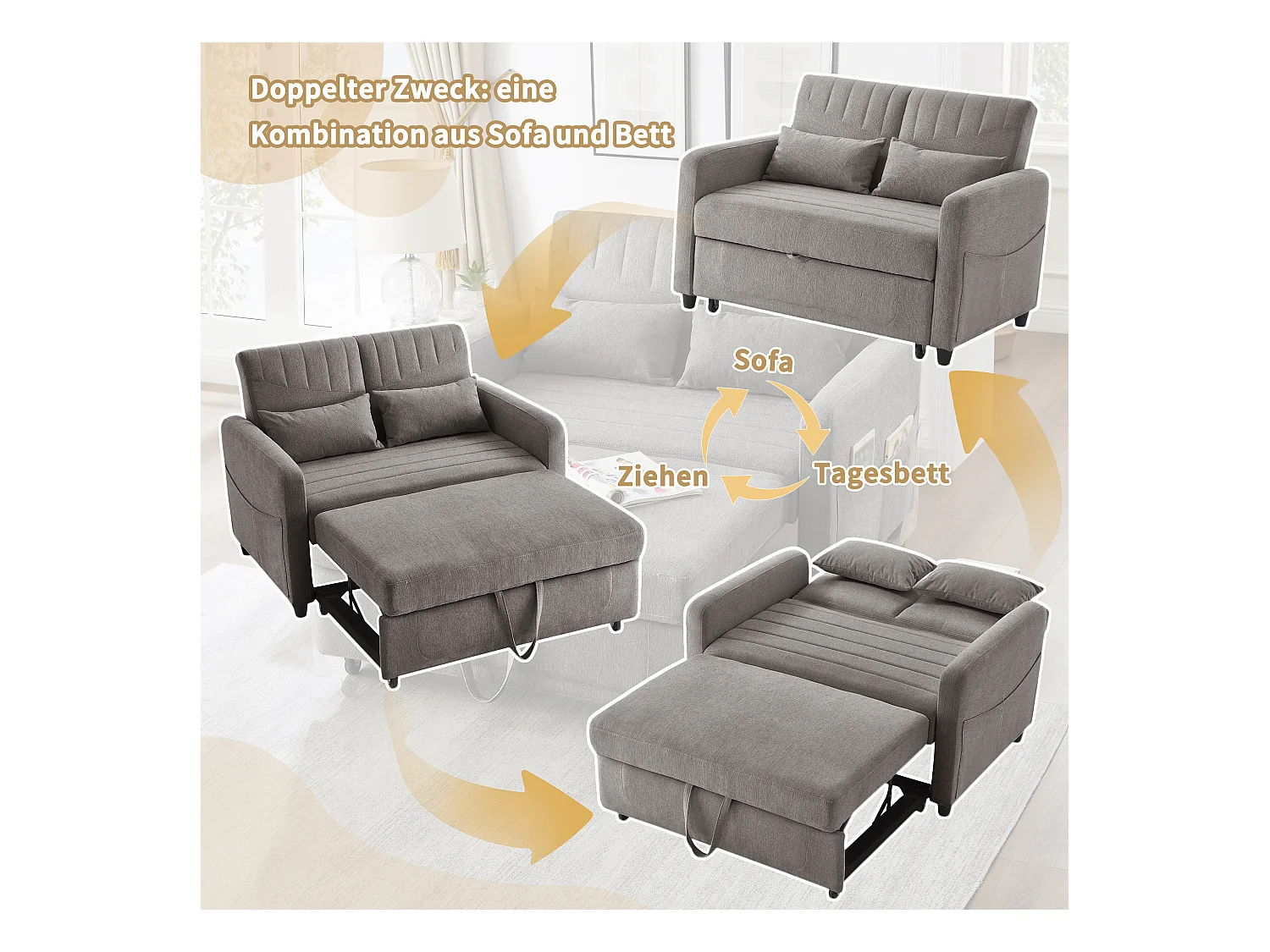 Doppel-Schlafsofa 114 x 77 x 82.5 cm - 3-fach verstellbare Rückenlehne - Baumwoll-Leinen-Stoff - grau