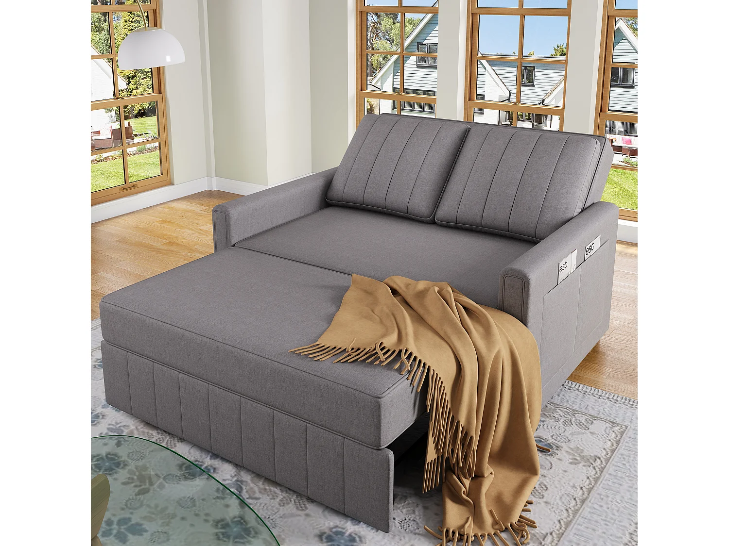 Canapé-lit pliant multifonctionnel - avec fonction couchage - avec 2 oreillers - dossier réglable - poche de rangement - gris