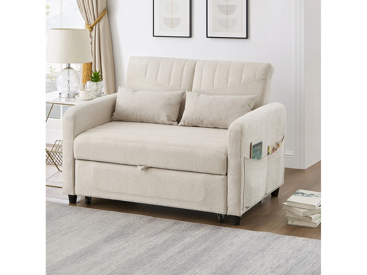 Canapé convertible double 114 x 77 x 82.5 cm - dossier réglable sur trois niveaux - tissu coton et lin - beige