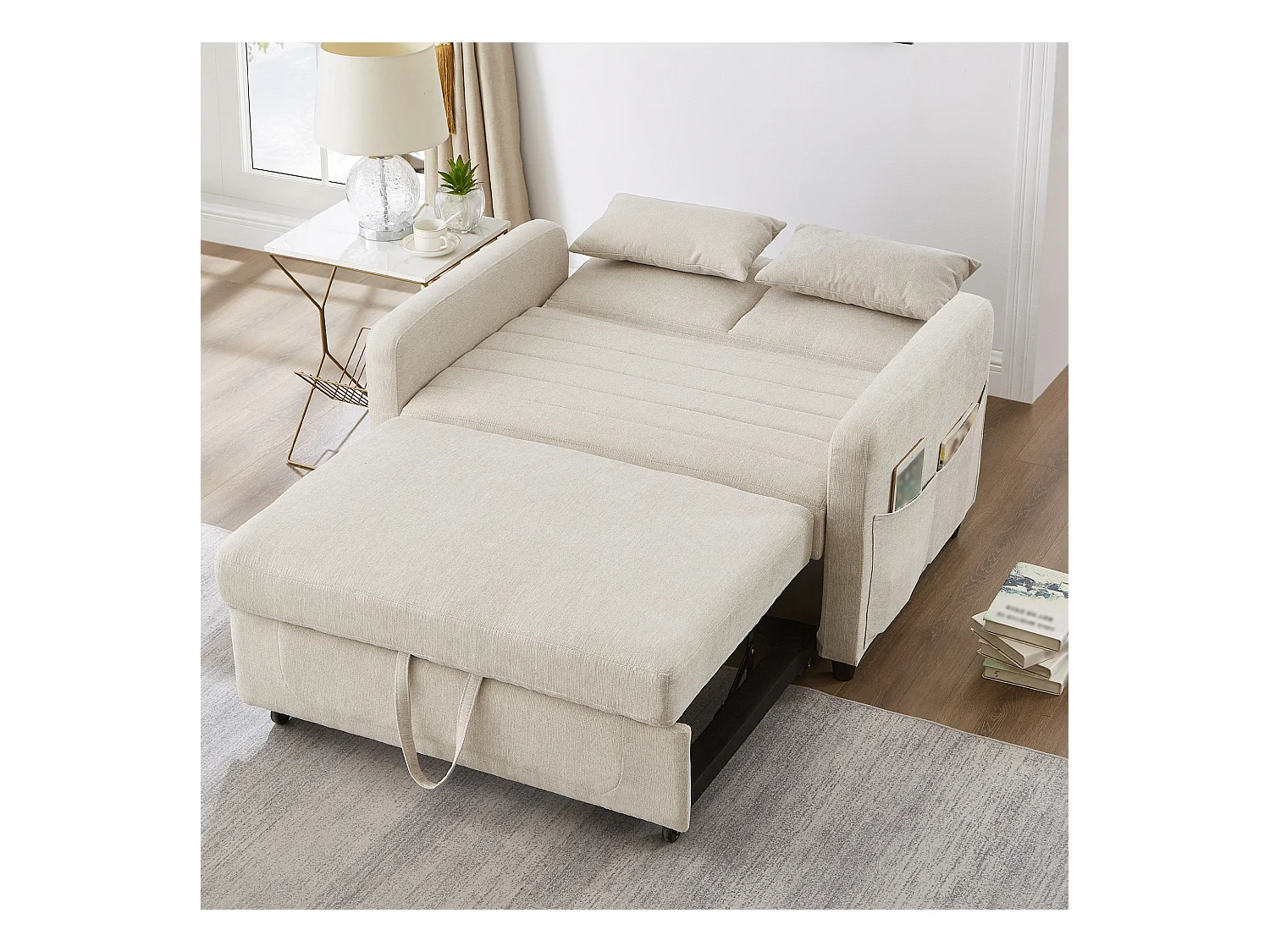 Doppel-Klappsofa 114 x 77 x 82.5 cm - dreifach verstellbare Rückenlehne - Baumwoll-Leinen-Stoff - beige