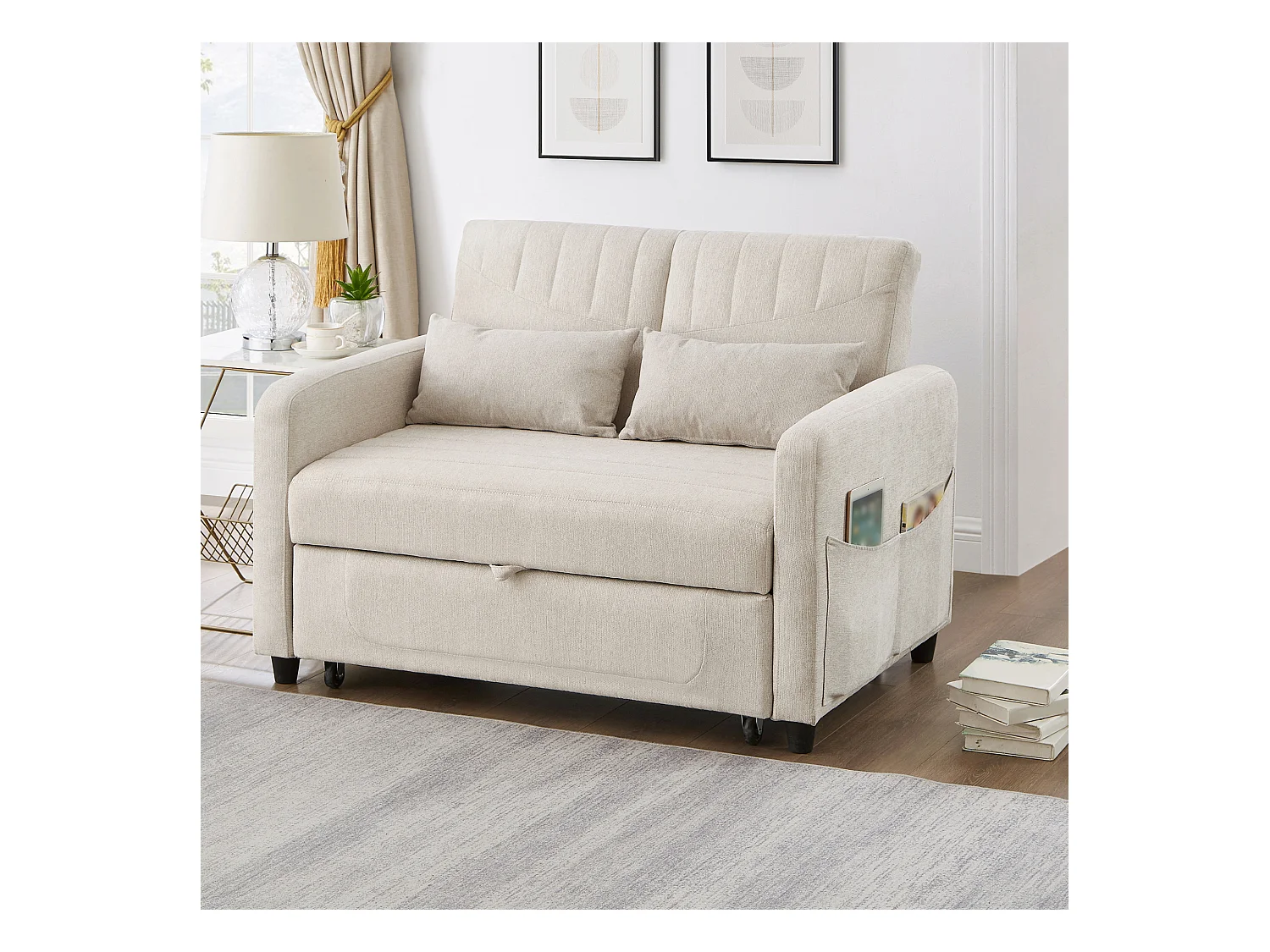 Doppel-Klappsofa 114 x 77 x 82.5 cm - dreifach verstellbare Rückenlehne - Baumwoll-Leinen-Stoff - beige