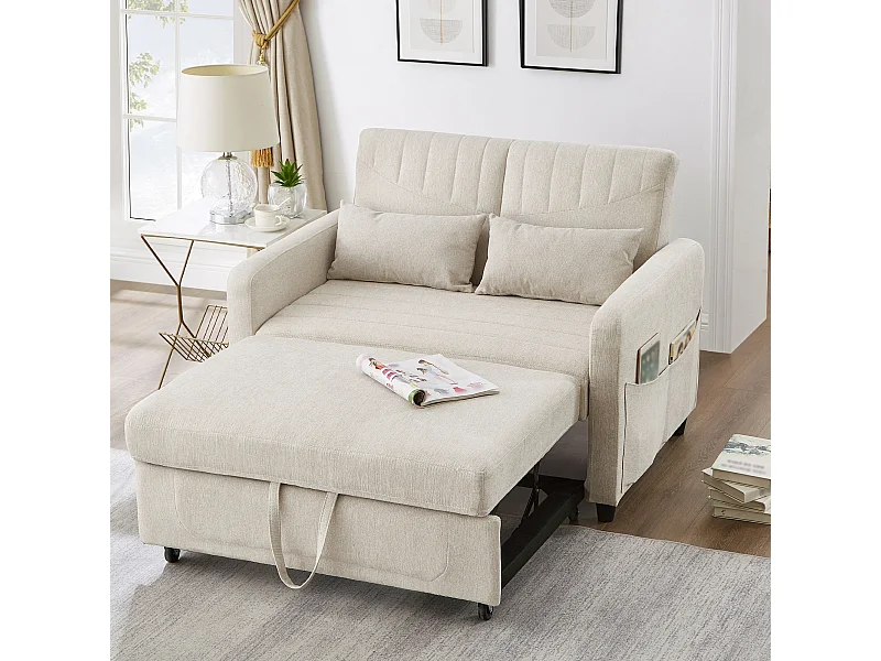 Doppel-Klappsofa 114 x 77 x 82.5 cm - dreifach verstellbare Rückenlehne - Baumwoll-Leinen-Stoff - beige