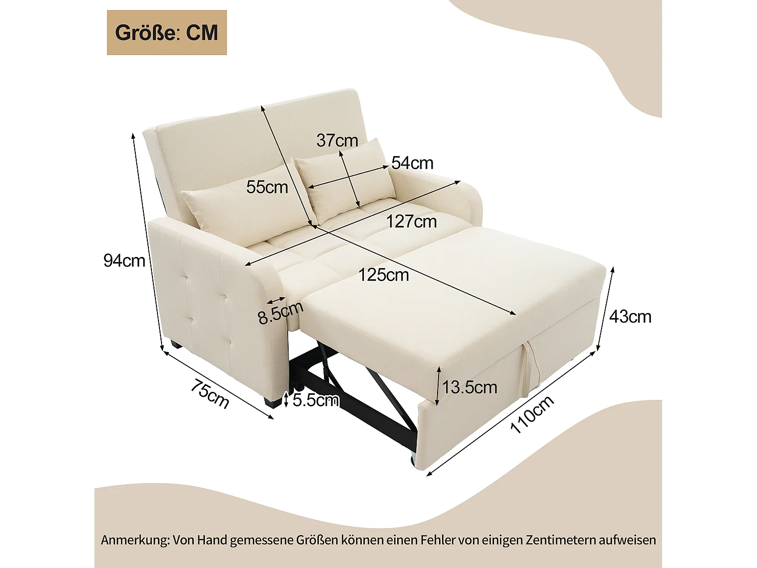 Sofá convertible 127x75x94 cm - Respaldo ajustable - Incluye 2 cojines - Beige