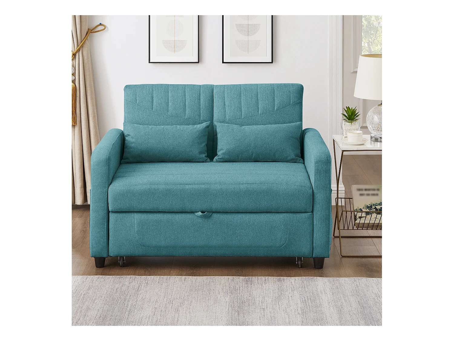 Canapé convertible double 114 x 77 x 82.5 cm - dossier réglable sur trois niveaux - tissu coton et lin - bleu