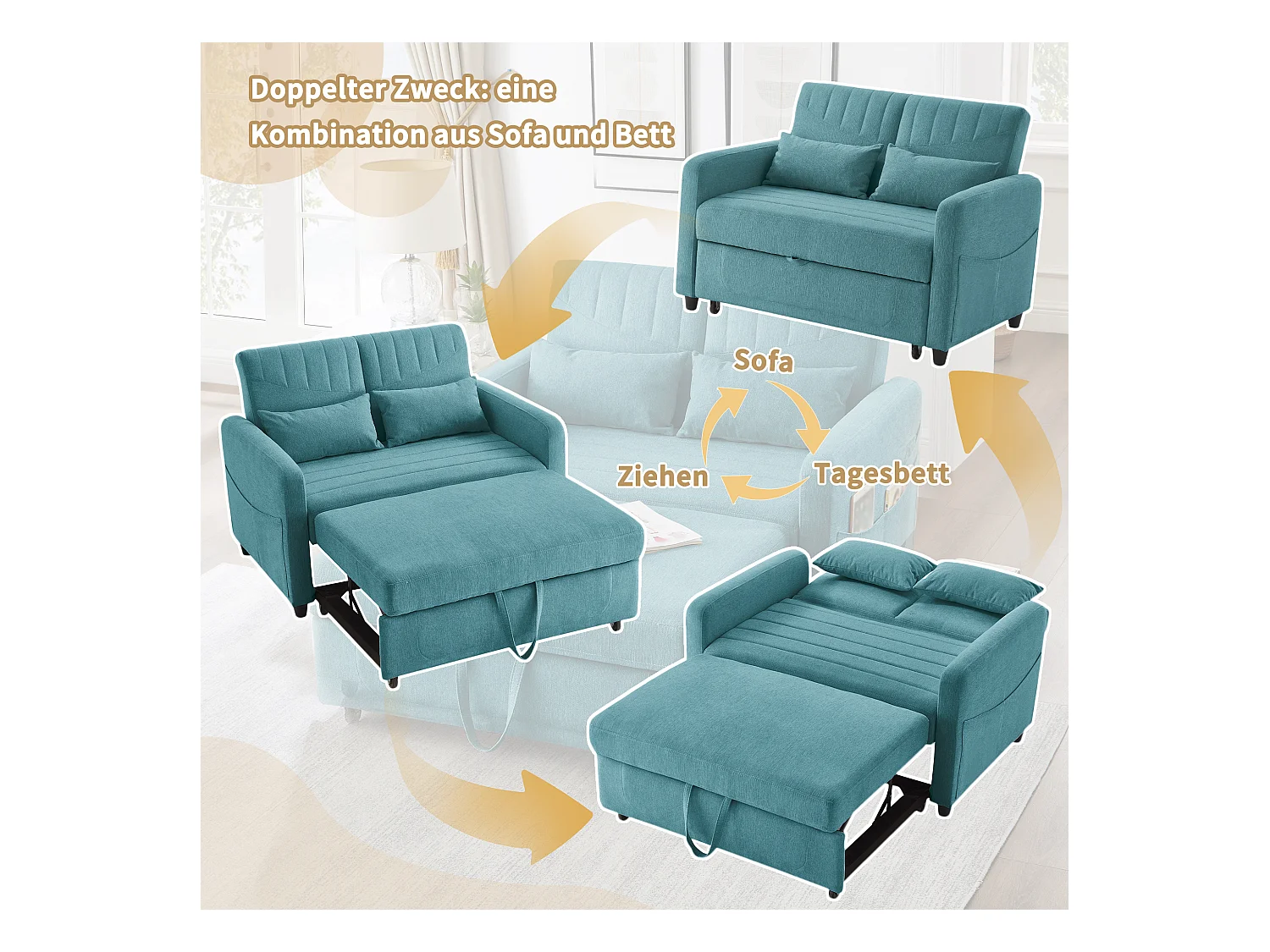 Canapé convertible double 114 x 77 x 82.5 cm - dossier réglable sur trois niveaux - tissu coton et lin - bleu