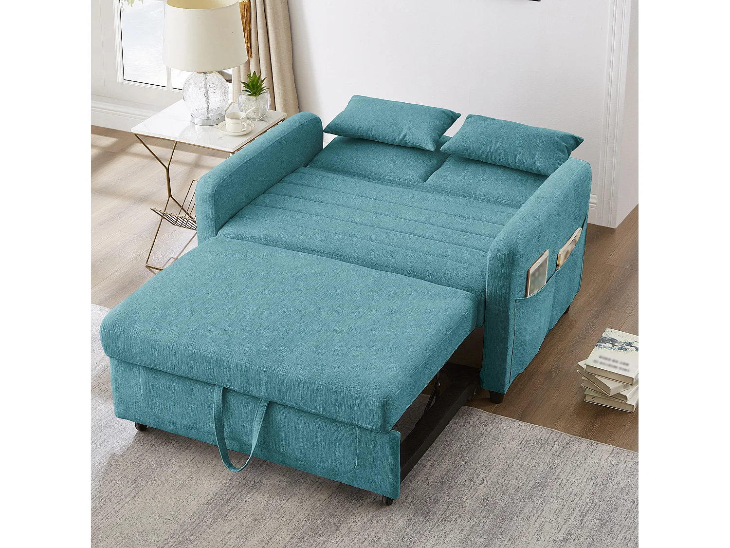Canapé convertible double 114 x 77 x 82.5 cm - dossier réglable sur trois niveaux - tissu coton et lin - bleu