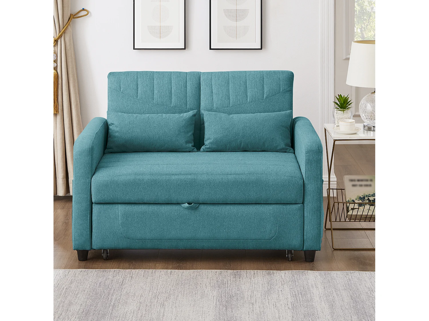 Canapé convertible double 114 x 77 x 82.5 cm - dossier réglable sur trois niveaux - tissu coton et lin - bleu