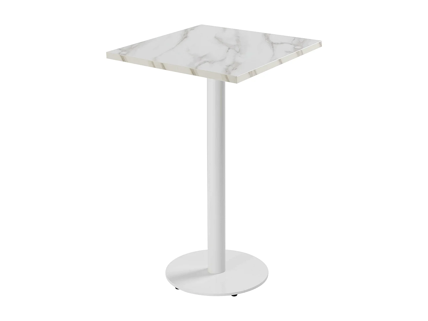 Table haute carrée 60 cm pied blanc et revêtement marbre blanc