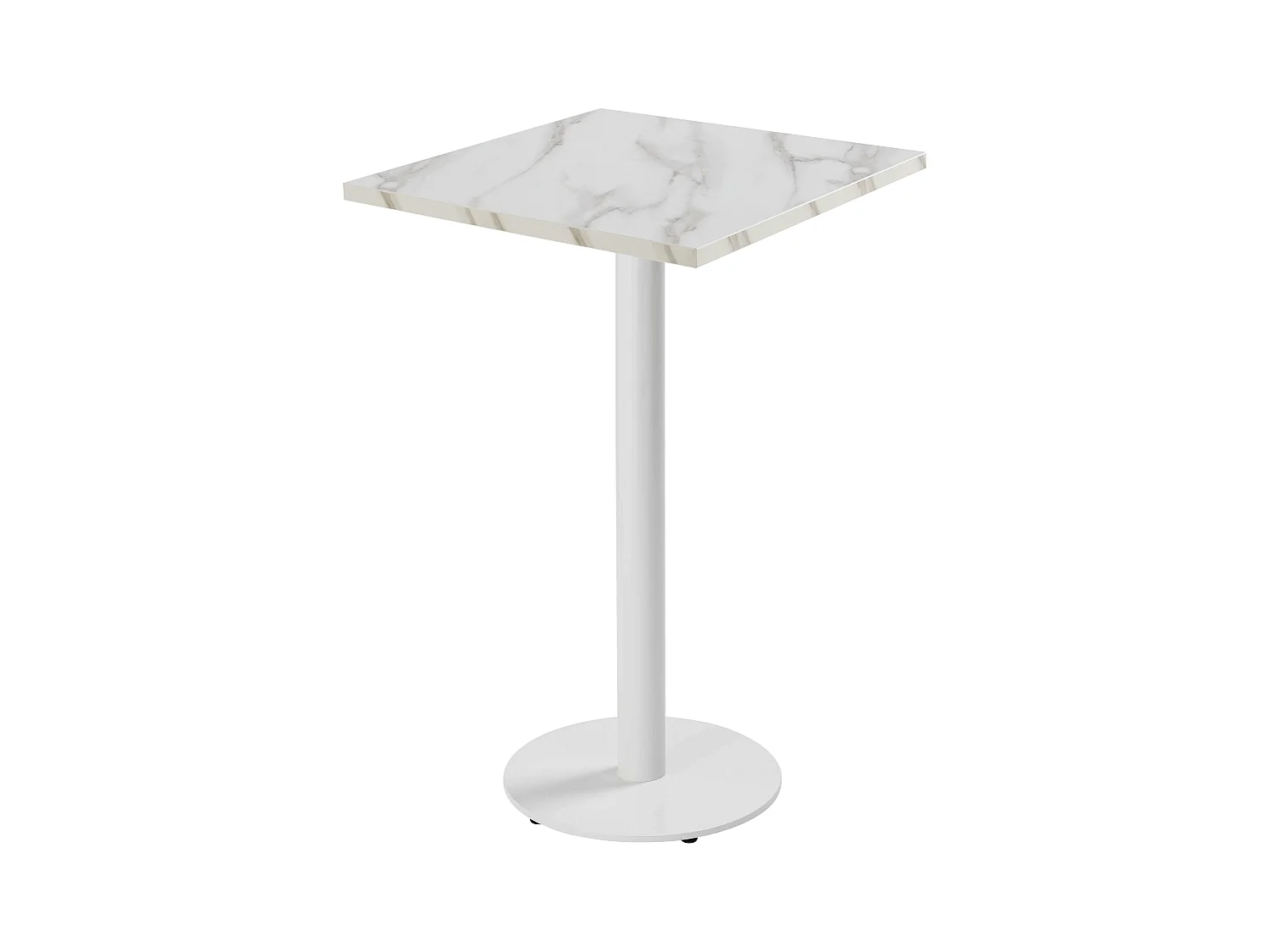 Table haute carrée 60 cm pied blanc et revêtement marbre blanc