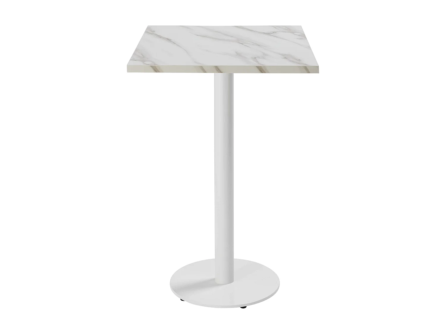 Table haute carrée 60 cm pied blanc et revêtement marbre blanc