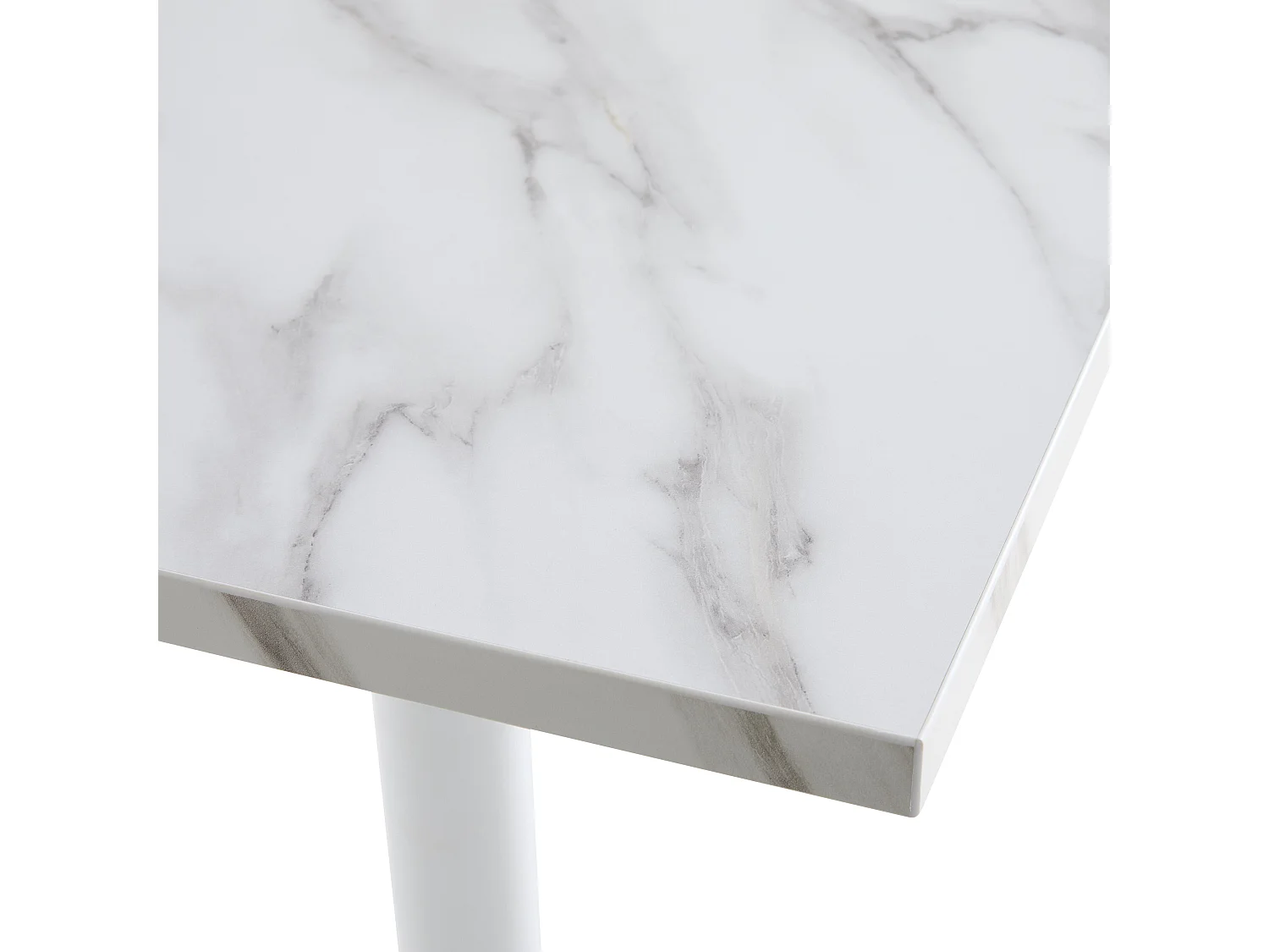 Table haute carrée 60 cm pied blanc et revêtement marbre blanc