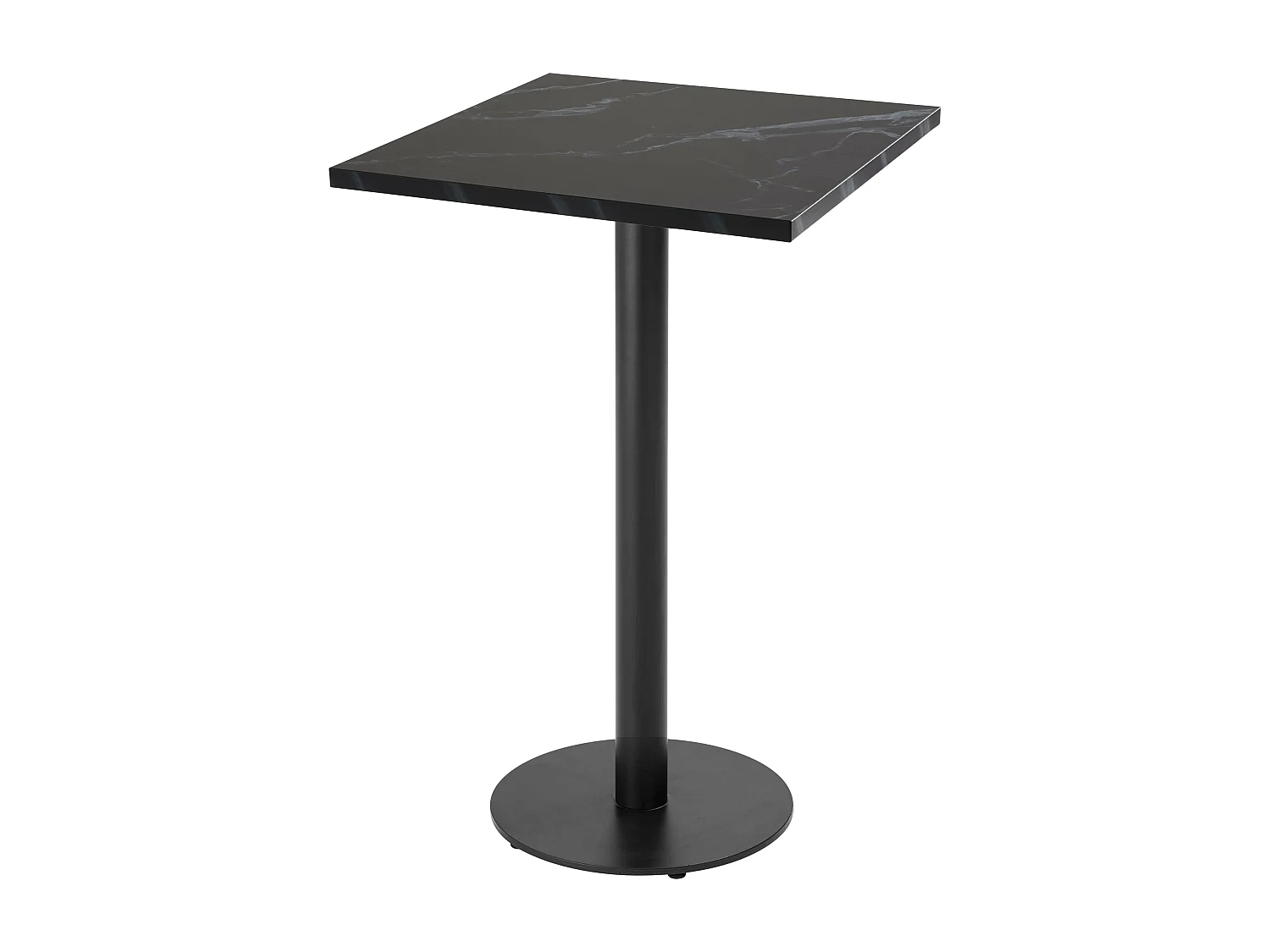 Table haute carrée 60 cm pied noir et revêtement marbre noir