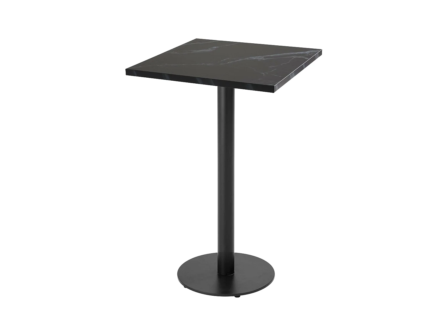 Table haute carrée 60 cm pied noir et revêtement marbre noir